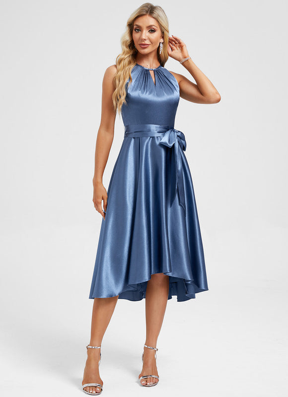 Robe Asymétrique Satin Bleu Nuit - gallery 5