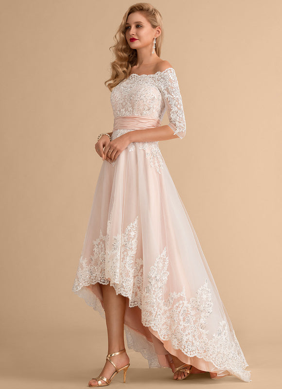 Robe Asymétrique Dentelle Rose Pâle - gallery 5