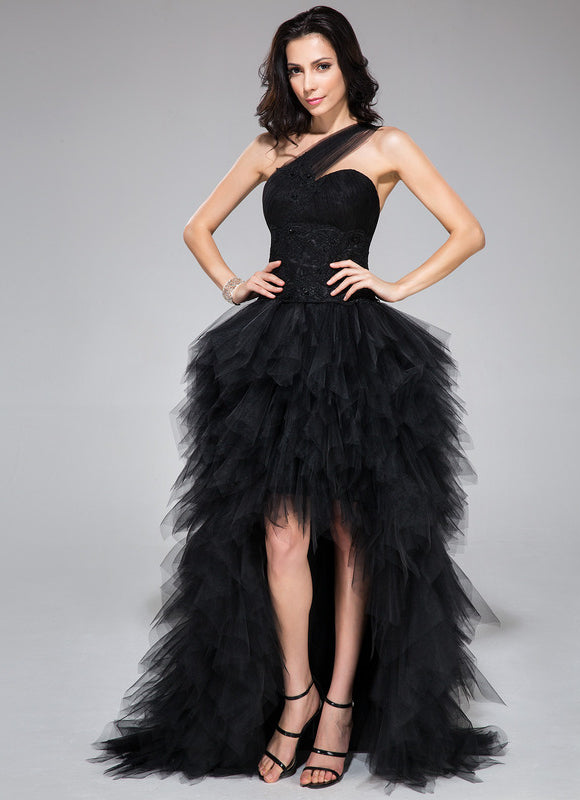 Robe Asymétrique Tulle Noir Éclatante - gallery 1