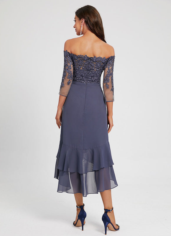 Robe Asymétrique Ondulée Marine - gallery 4