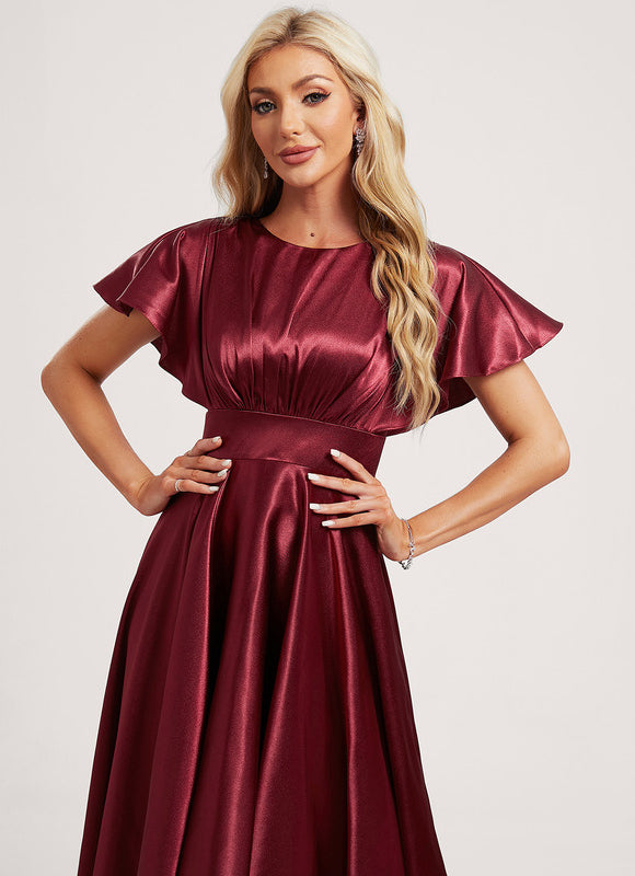 Robe Asymétrique Satinée Bordeaux Volants - gallery 3