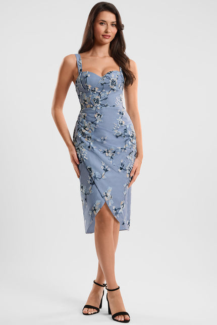 Robe Asymétrique Bleue Fleuri Ajustée - gallery 1