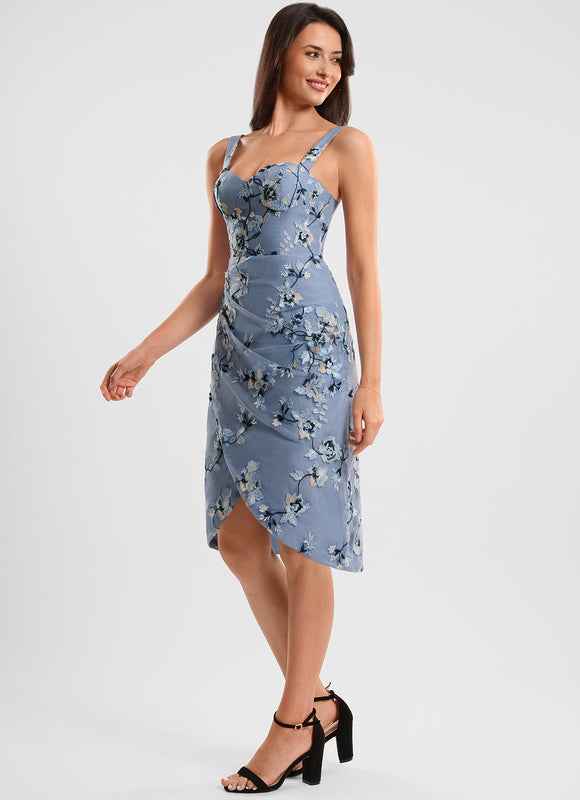 Robe Asymétrique Bleue Fleuri Ajustée - gallery 3