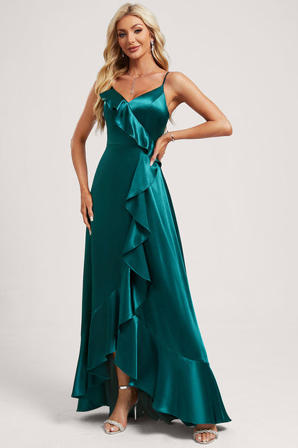 Robe Asymétrique Satin Bleu Volants - gallery 3