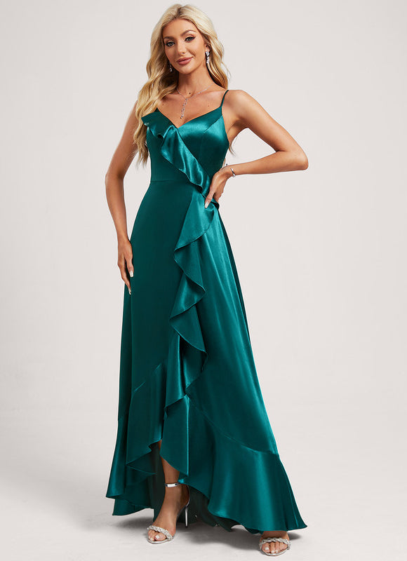 Robe Asymétrique Satin Bleu Volants - gallery 3