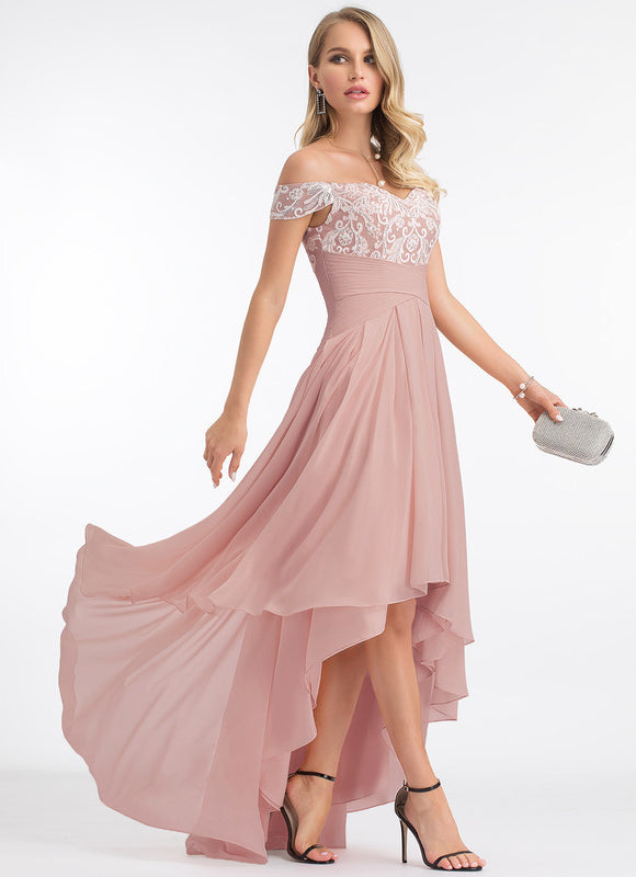 Robe Asymétrique Dentelle Rose - gallery 7