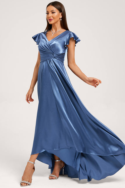 Robe Asymétrique Satin Bleu Volants - gallery 1