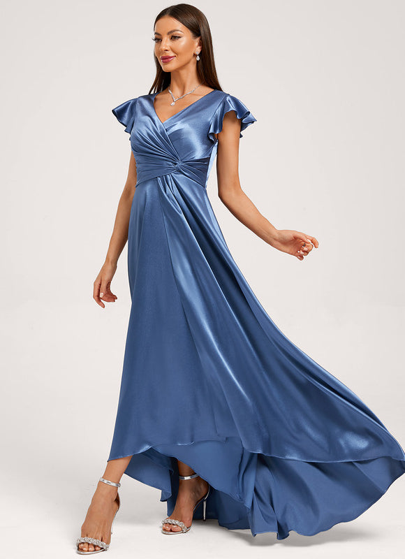 Robe Asymétrique Satin Bleu Volants - gallery 1