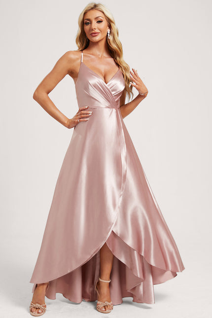 Robe Asymétrique Satin Bleu Volants