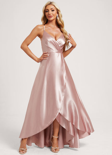 Robe Asymétrique Satin Bleu Volants