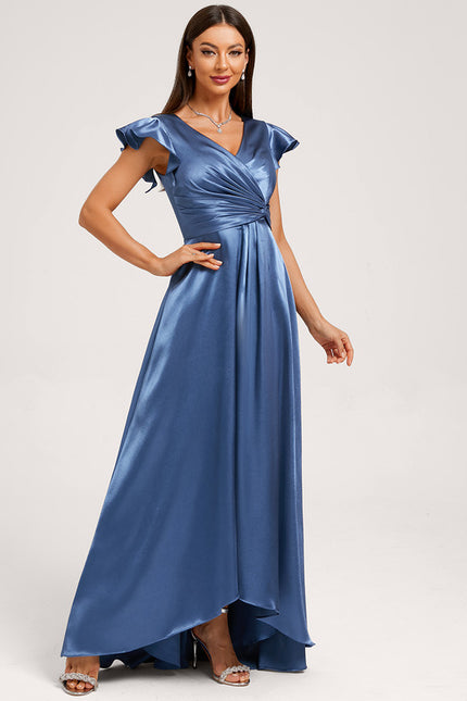 Robe Asymétrique Satin Bleu Volants