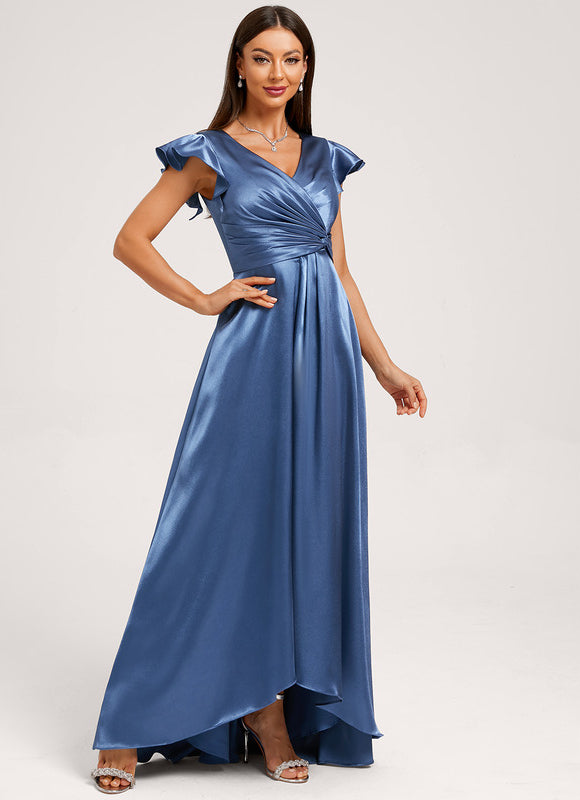 Robe Asymétrique Satin Bleu Volants