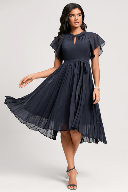 Robe Asymétrique Plissée Bleu Marine - gallery 1