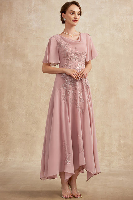 Robe Asymétrique Fluide Rose Brodée - gallery 3
