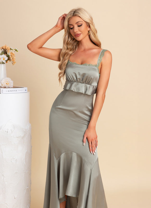 Robe Asymétrique Satinée Sage - gallery 5