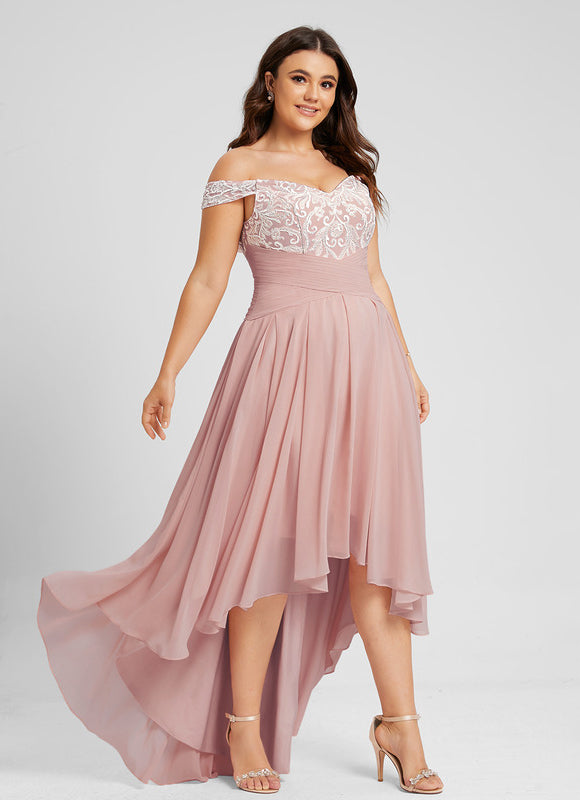 Robe Asymétrique Dentelle Rose - gallery 8