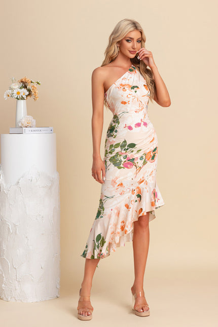 Robe Asymétrique Sirène Florale Satinée - gallery 4