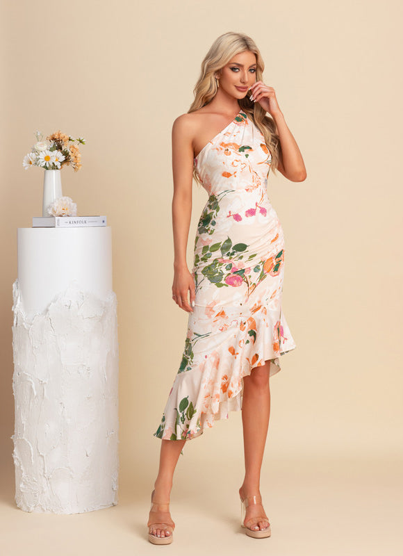 Robe Asymétrique Sirène Florale Satinée - gallery 4