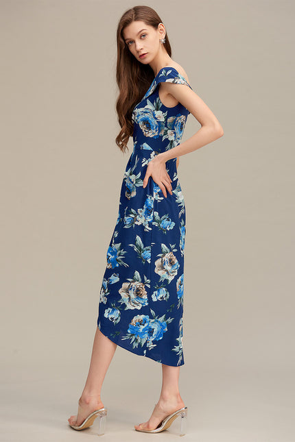 Robe Asymétrique Florale Marine - gallery 3