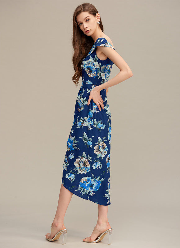 Robe Asymétrique Florale Marine - gallery 3