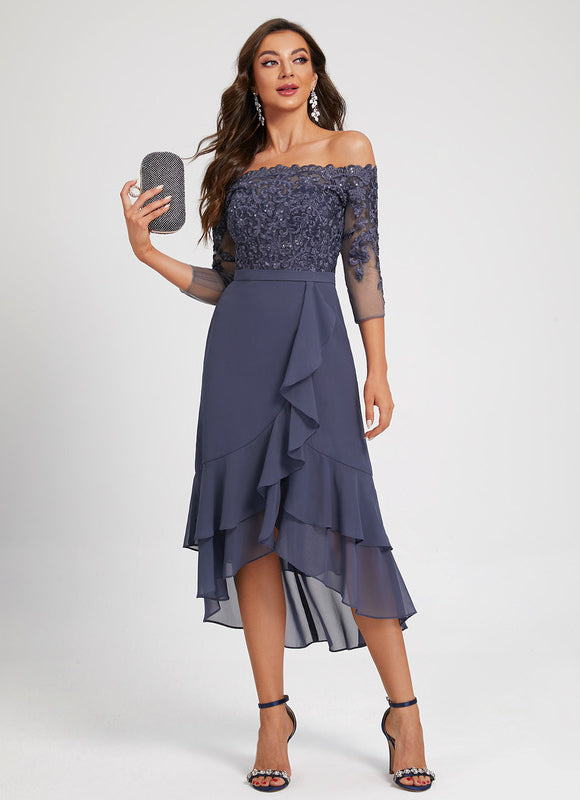 Robe Asymétrique Ondulée Marine - gallery 3