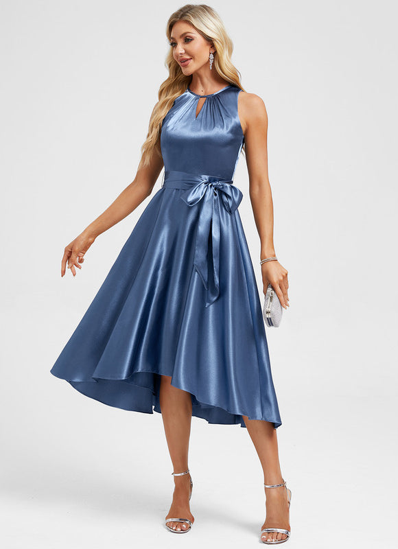Robe Asymétrique Satin Bleu Nuit - gallery 2