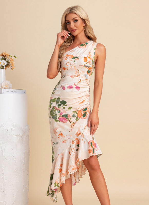 Robe Asymétrique Sirène Florale Satinée - gallery 3