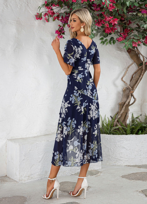 Robe Asymétrique Fluide Navy Fleuri - gallery 1
