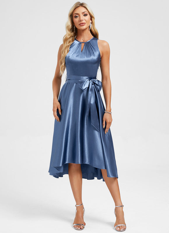 Robe Asymétrique Satin Bleu Nuit