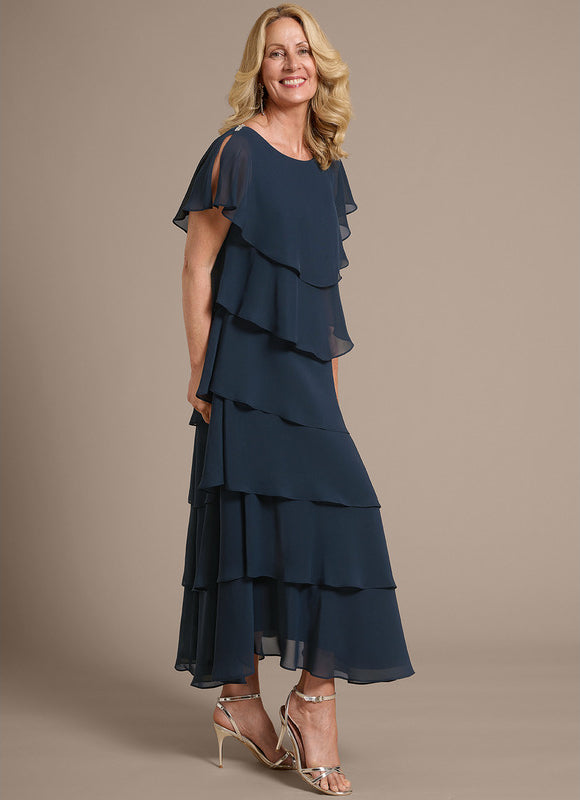 Robe Asymétrique Fluide À Volants Marine - gallery 4